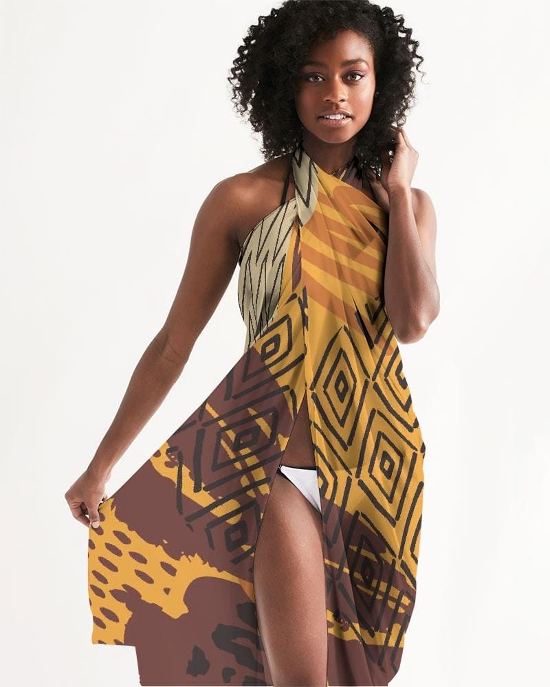 Sheer Swimsuit Cover Up Abstract Print Orange - Womens | Oversized Scarf