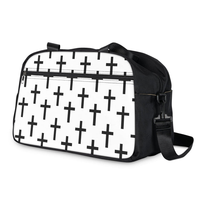 Crossbody Travel Fitness Bag - White Black Cross Print - Bags/Travel
