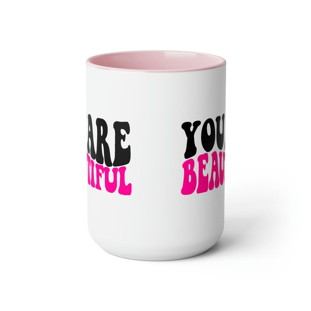 Two-tone Accent Ceramic Coffee Mug 15oz You Are Beautiful Retro Wavy Pink Black