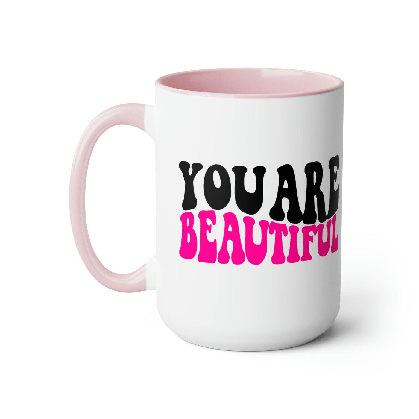 Two-tone Accent Ceramic Coffee Mug 15oz You Are Beautiful Retro Wavy Pink Black