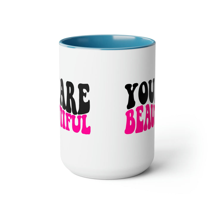 Two-tone Accent Ceramic Coffee Mug 15oz You Are Beautiful Retro Wavy Pink Black