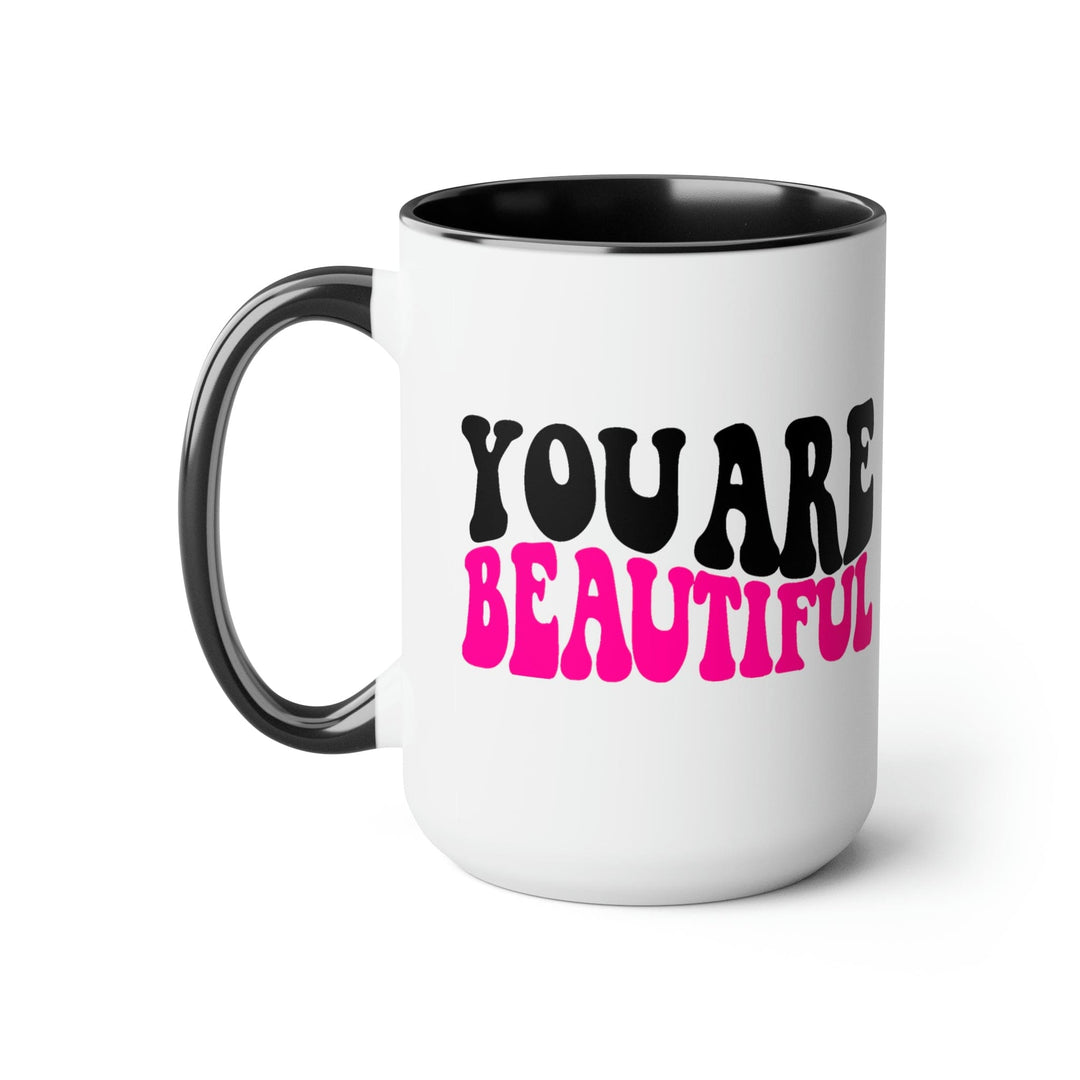 Two-tone Accent Ceramic Coffee Mug 15oz You Are Beautiful Retro Wavy Pink Black