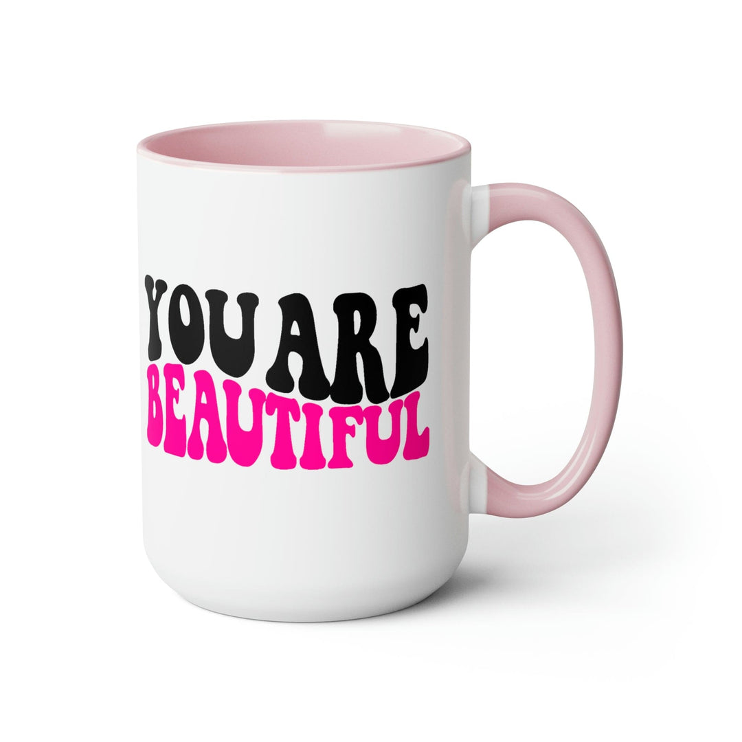 Two-tone Accent Ceramic Coffee Mug 15oz You Are Beautiful Retro Wavy Pink Black