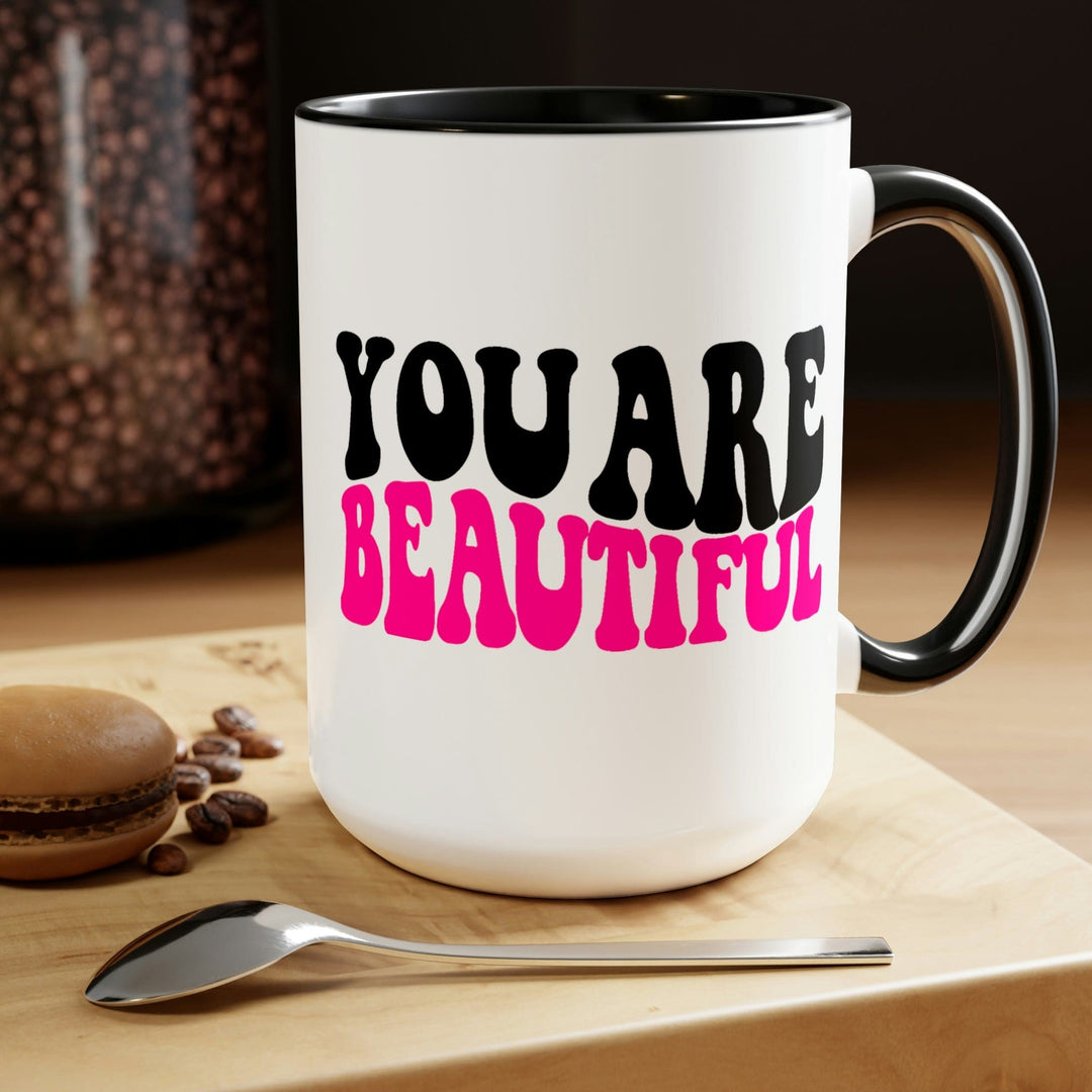 Two-tone Accent Ceramic Coffee Mug 15oz You Are Beautiful Retro Wavy Pink Black