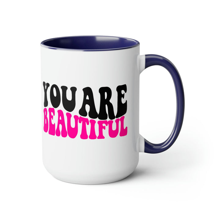 Two-tone Accent Ceramic Coffee Mug 15oz You Are Beautiful Retro Wavy Pink Black