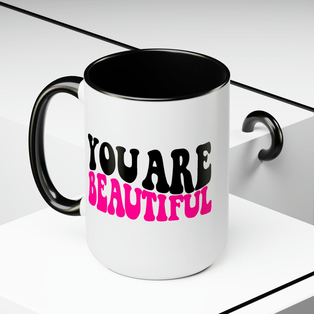 Two-tone Accent Ceramic Coffee Mug 15oz You Are Beautiful Retro Wavy Pink Black