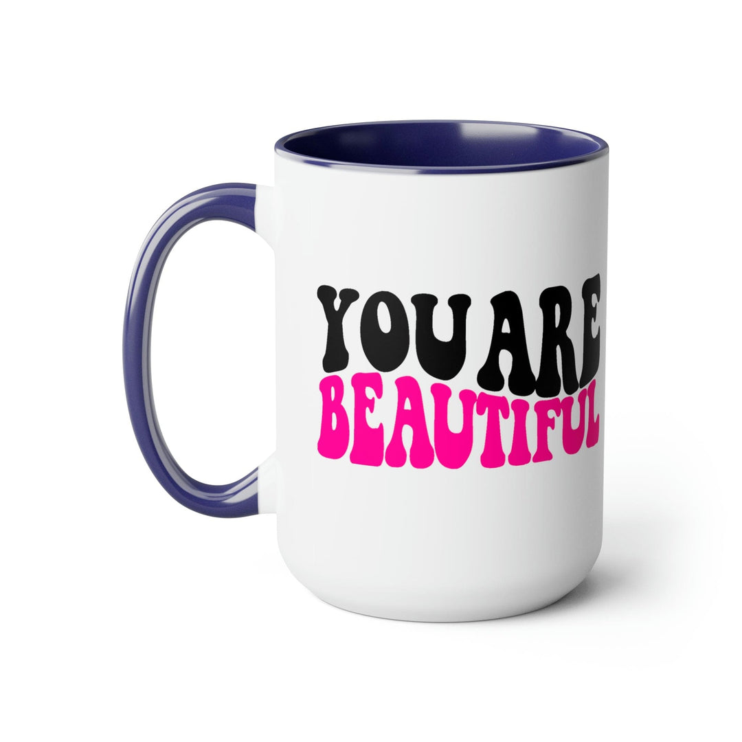 Two-tone Accent Ceramic Coffee Mug 15oz You Are Beautiful Retro Wavy Pink Black