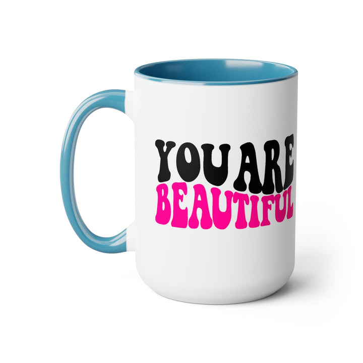 Two-tone Accent Ceramic Coffee Mug 15oz You Are Beautiful Retro Wavy Pink Black