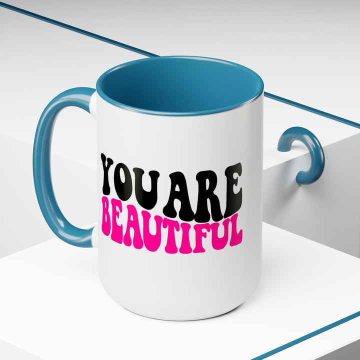 Two-tone Accent Ceramic Coffee Mug 15oz You Are Beautiful Retro Wavy Pink Black