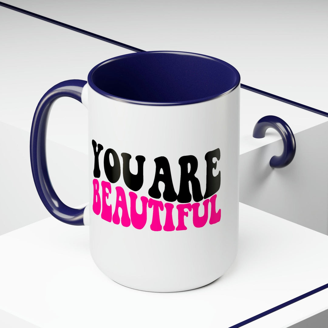 Two-tone Accent Ceramic Coffee Mug 15oz You Are Beautiful Retro Wavy Pink Black