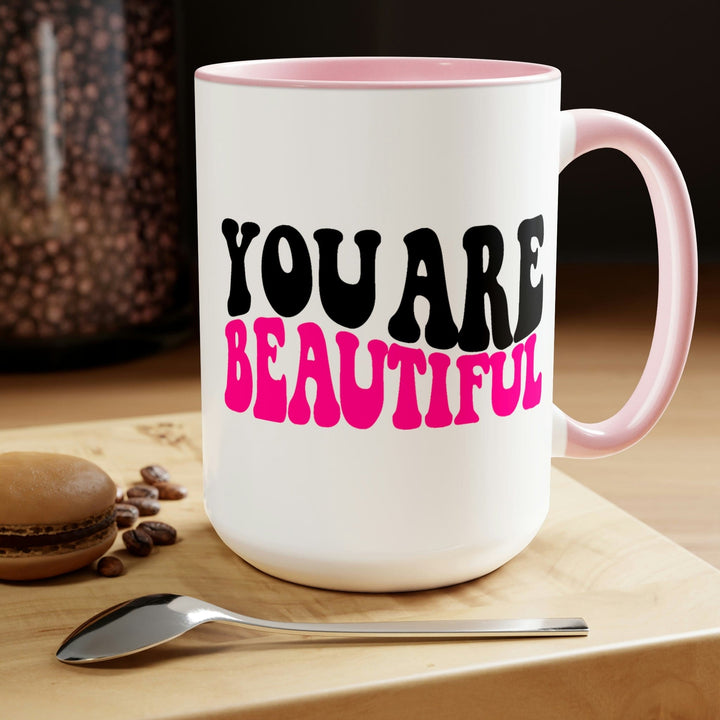 Two-tone Accent Ceramic Coffee Mug 15oz You Are Beautiful Retro Wavy Pink Black