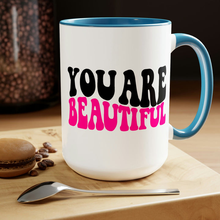 Two-tone Accent Ceramic Coffee Mug 15oz You Are Beautiful Retro Wavy Pink Black