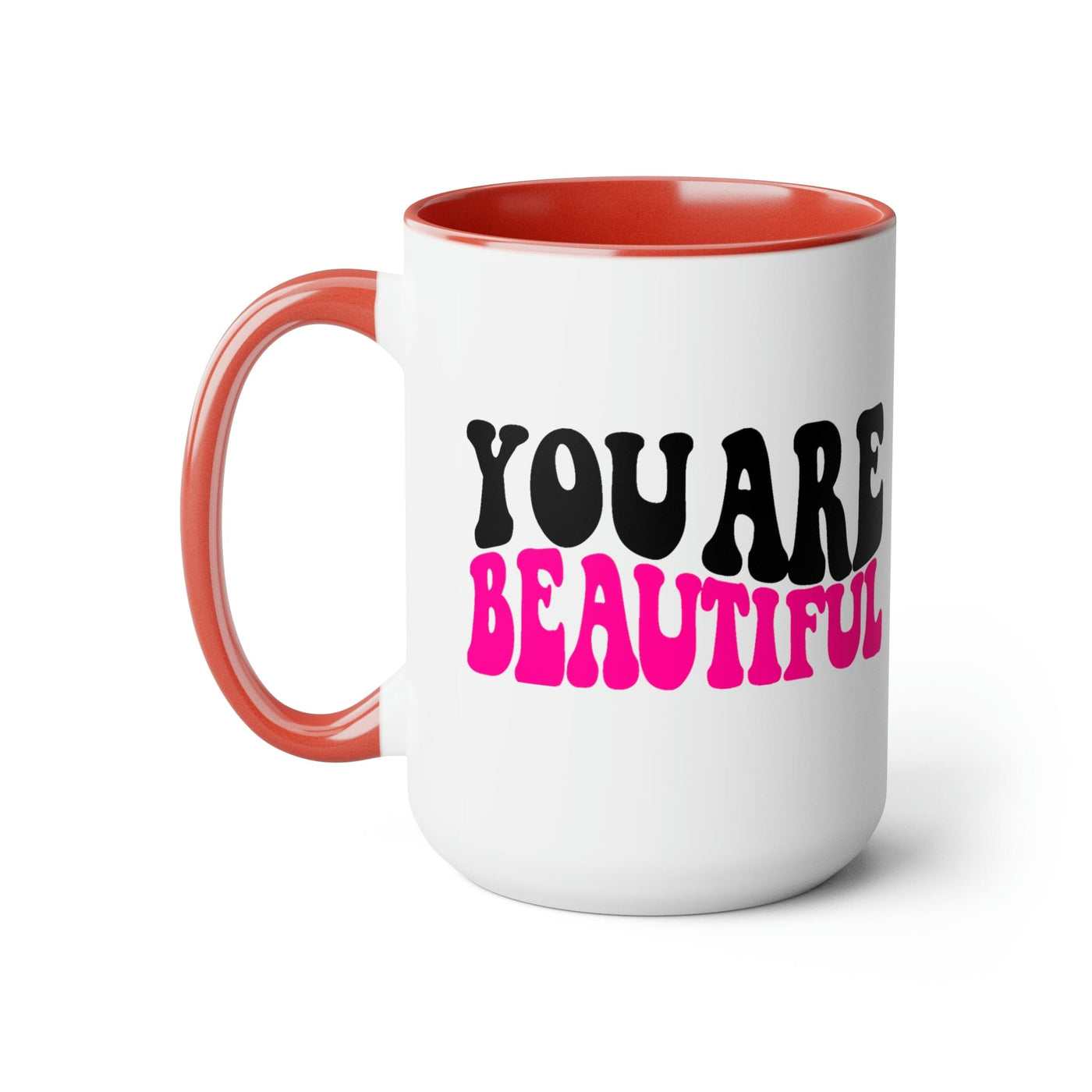 Two-tone Accent Ceramic Coffee Mug 15oz You Are Beautiful Retro Wavy Pink Black