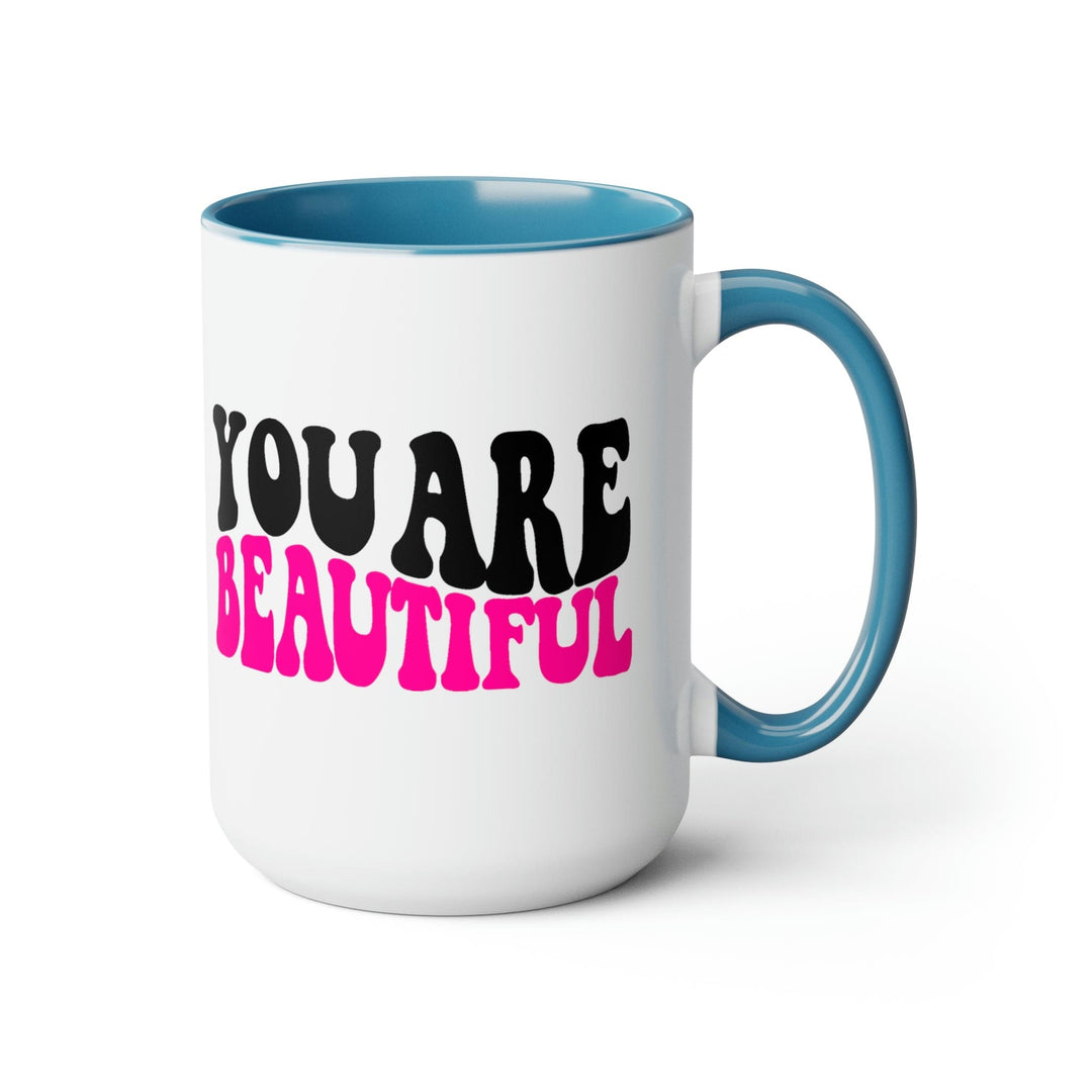 Two-tone Accent Ceramic Coffee Mug 15oz You Are Beautiful Retro Wavy Pink Black