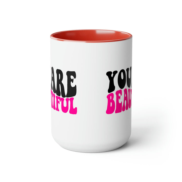 Two-tone Accent Ceramic Coffee Mug 15oz You Are Beautiful Retro Wavy Pink Black