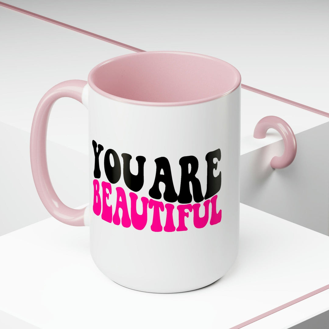 Two-tone Accent Ceramic Coffee Mug 15oz You Are Beautiful Retro Wavy Pink Black