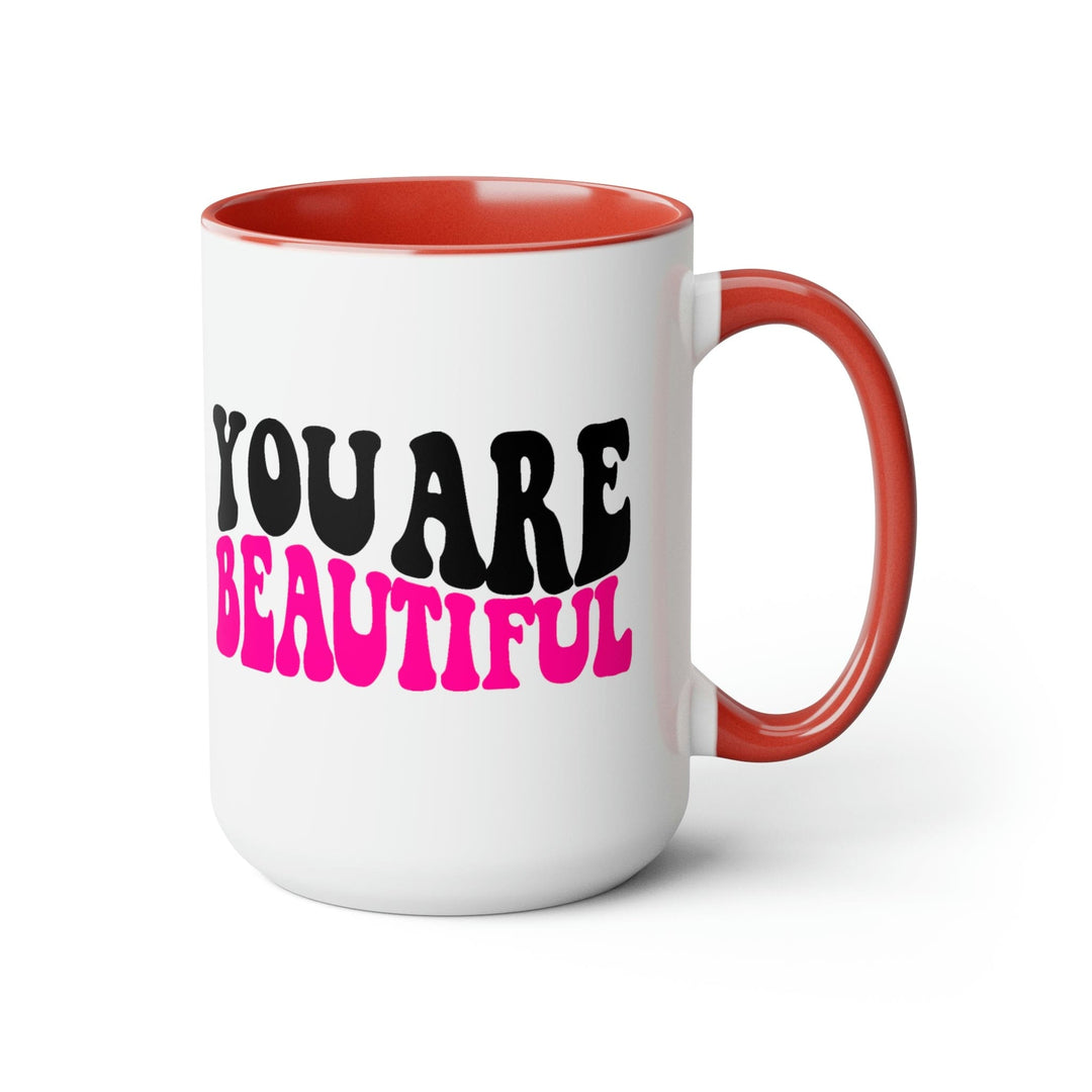 Two-tone Accent Ceramic Coffee Mug 15oz You Are Beautiful Retro Wavy Pink Black