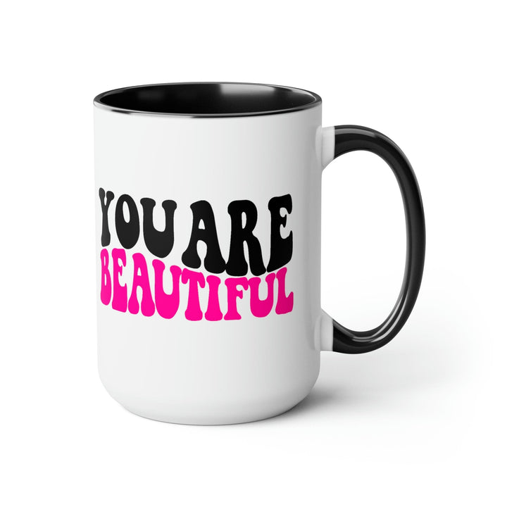 Two-tone Accent Ceramic Coffee Mug 15oz You Are Beautiful Retro Wavy Pink Black