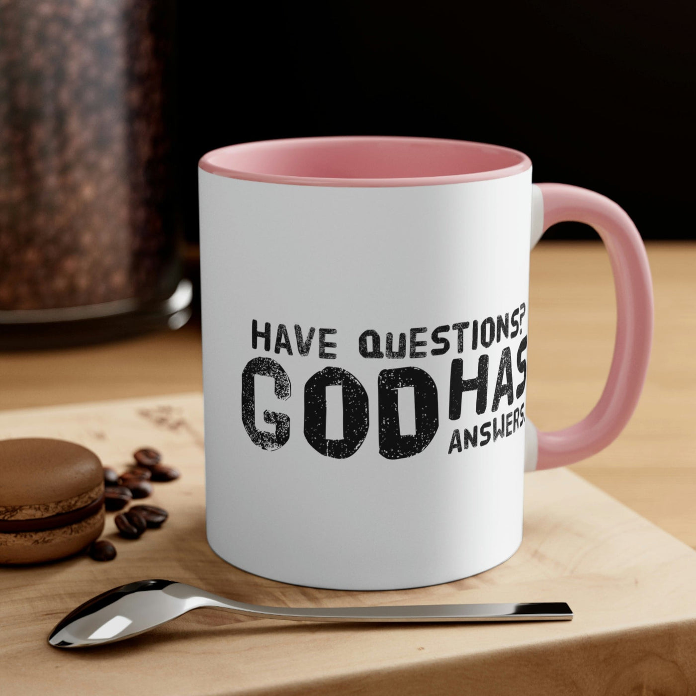 Two-tone Accent Ceramic Mug 11oz Have Questions God Has Answers Print - Black