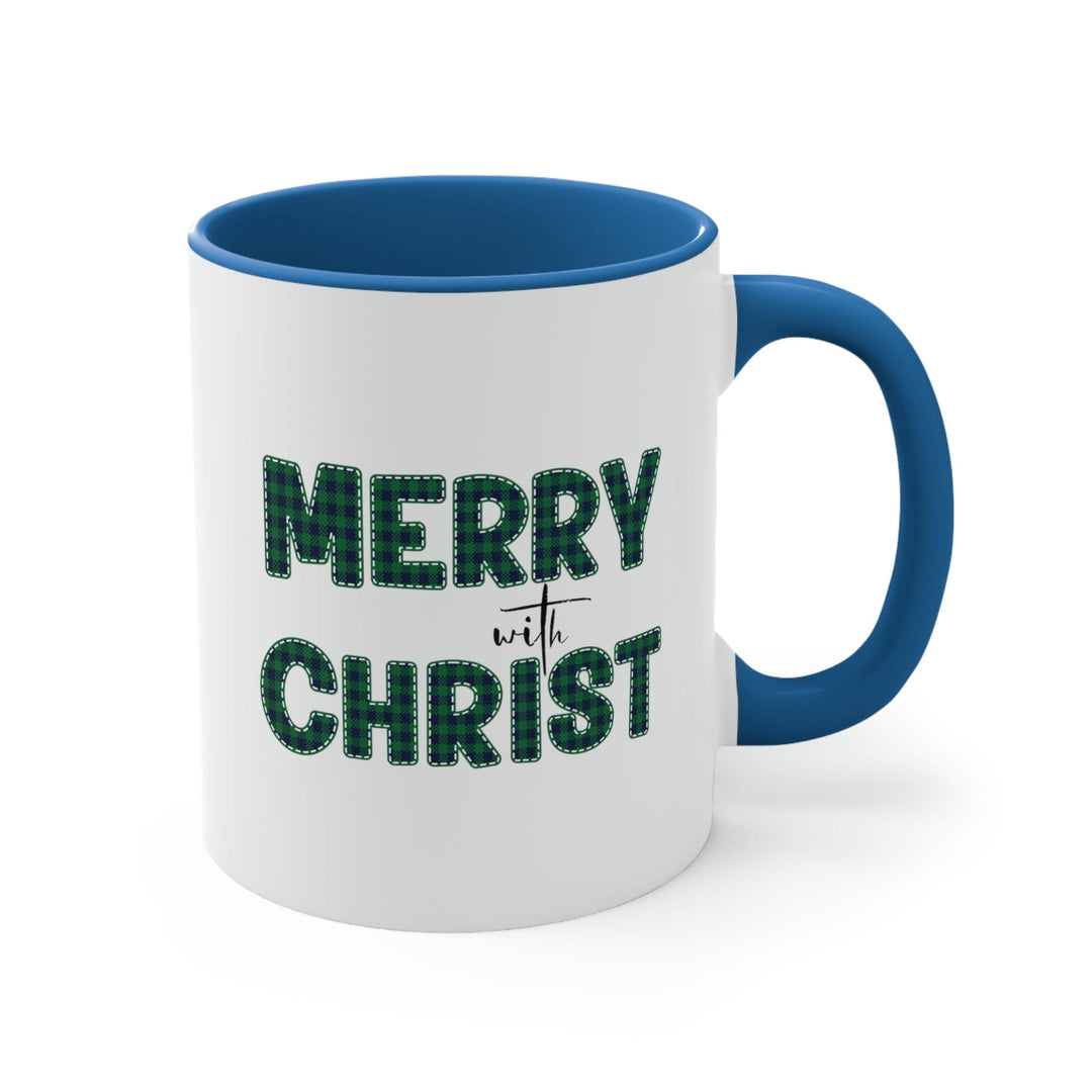 Two-tone Accent Ceramic Mug 11oz Merry with Christ Green Plaid Christmas