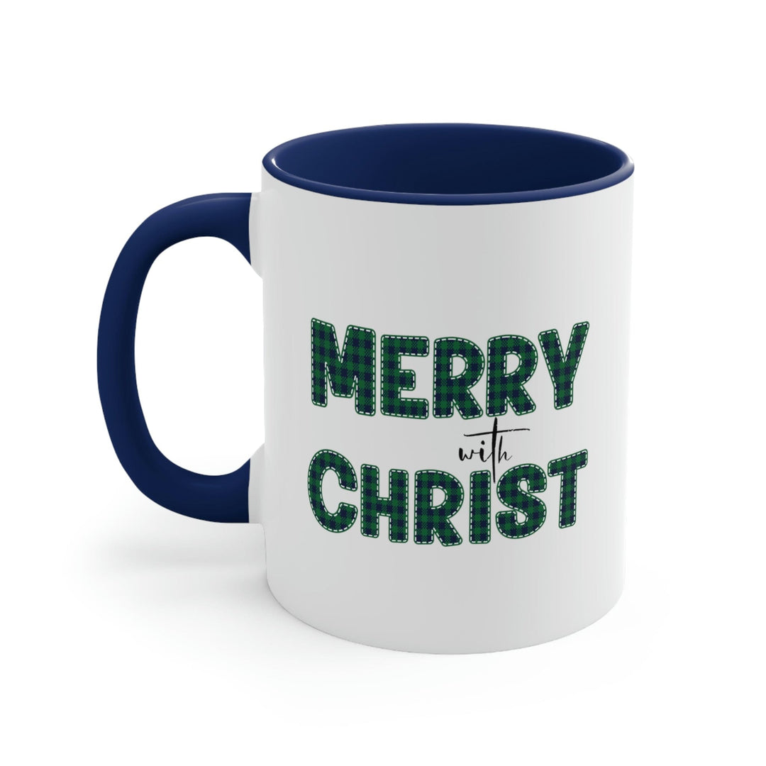 Two-tone Accent Ceramic Mug 11oz Merry with Christ Green Plaid Christmas