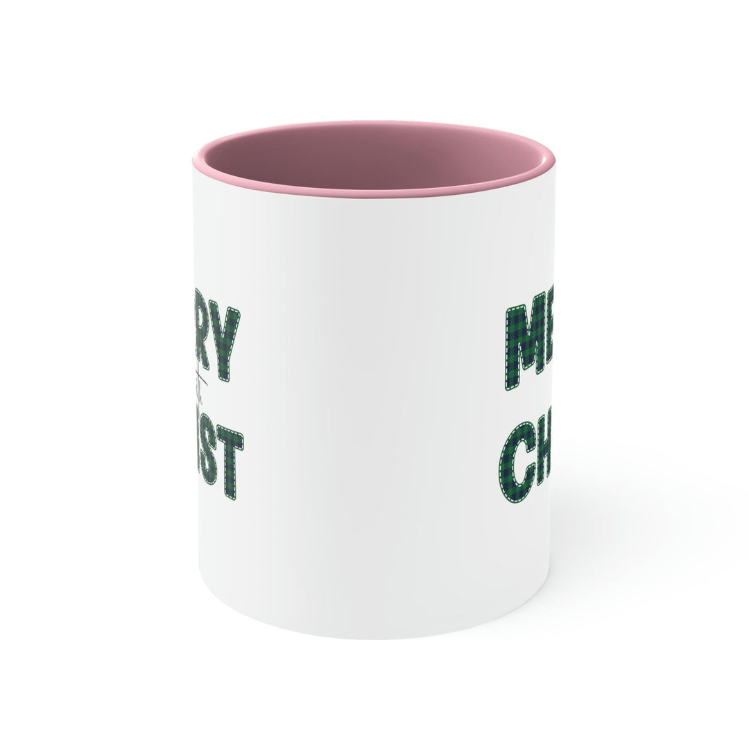 Two-tone Accent Ceramic Mug 11oz Merry with Christ Green Plaid Christmas