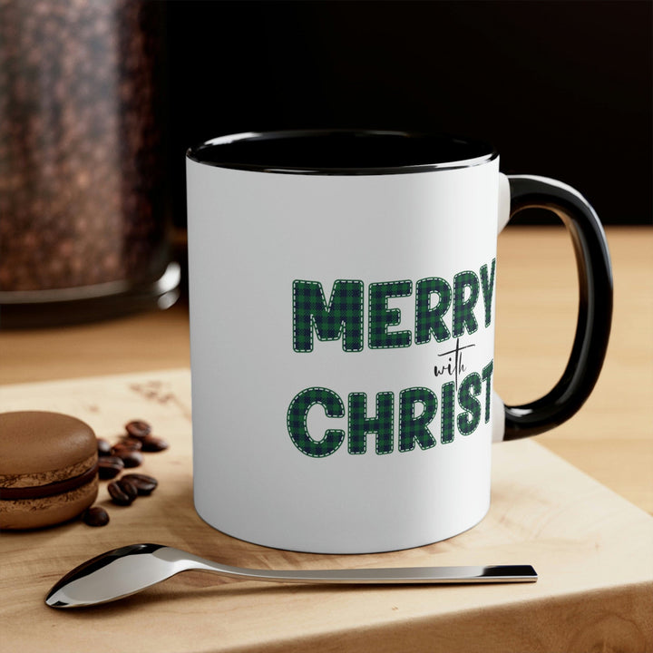 Two-tone Accent Ceramic Mug 11oz Merry with Christ Green Plaid Christmas