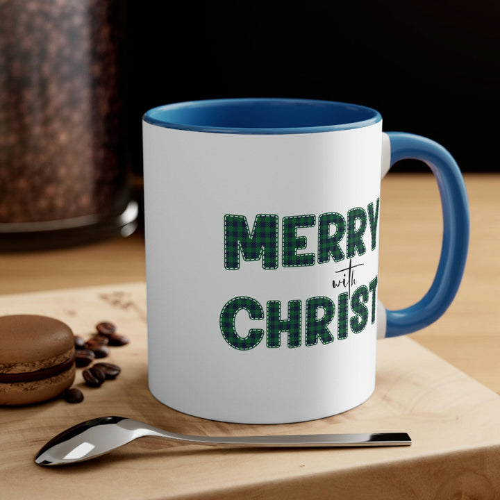 Two-tone Accent Ceramic Mug 11oz Merry with Christ Green Plaid Christmas