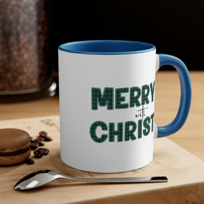 Two-tone Accent Ceramic Mug 11oz Merry With Christ Green Plaid Christmas