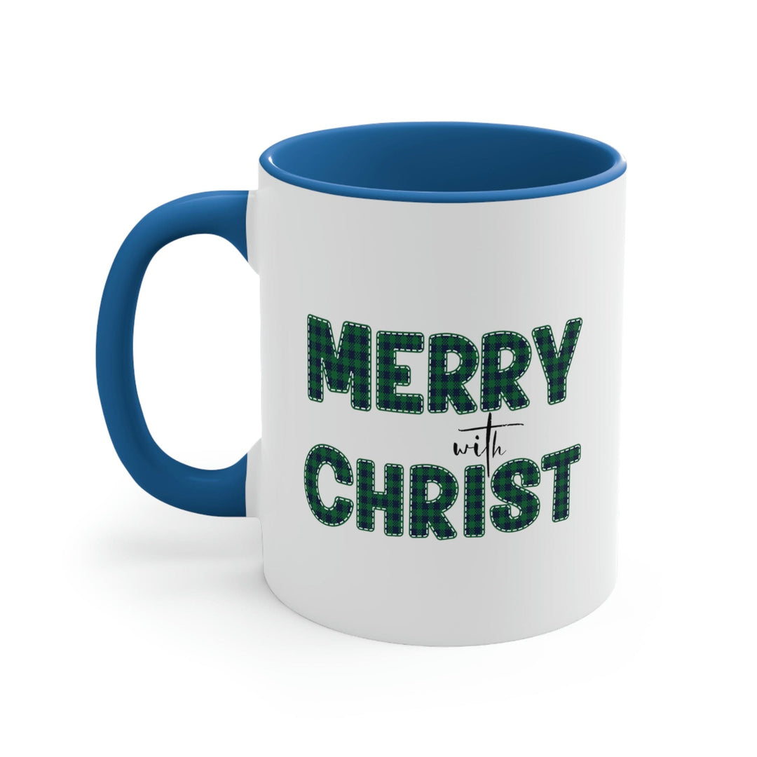 Two-tone Accent Ceramic Mug 11oz Merry with Christ Green Plaid Christmas