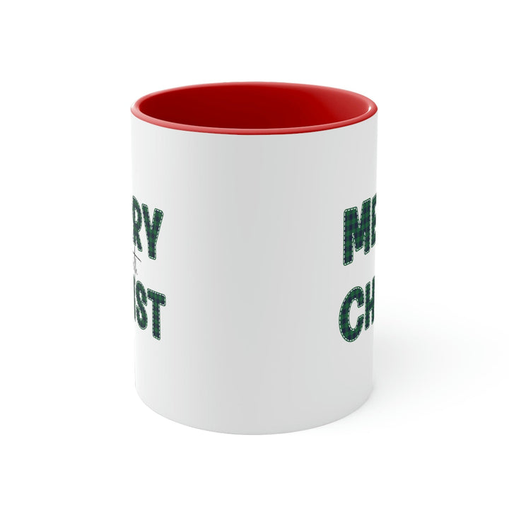 Two-tone Accent Ceramic Mug 11oz Merry with Christ Green Plaid Christmas