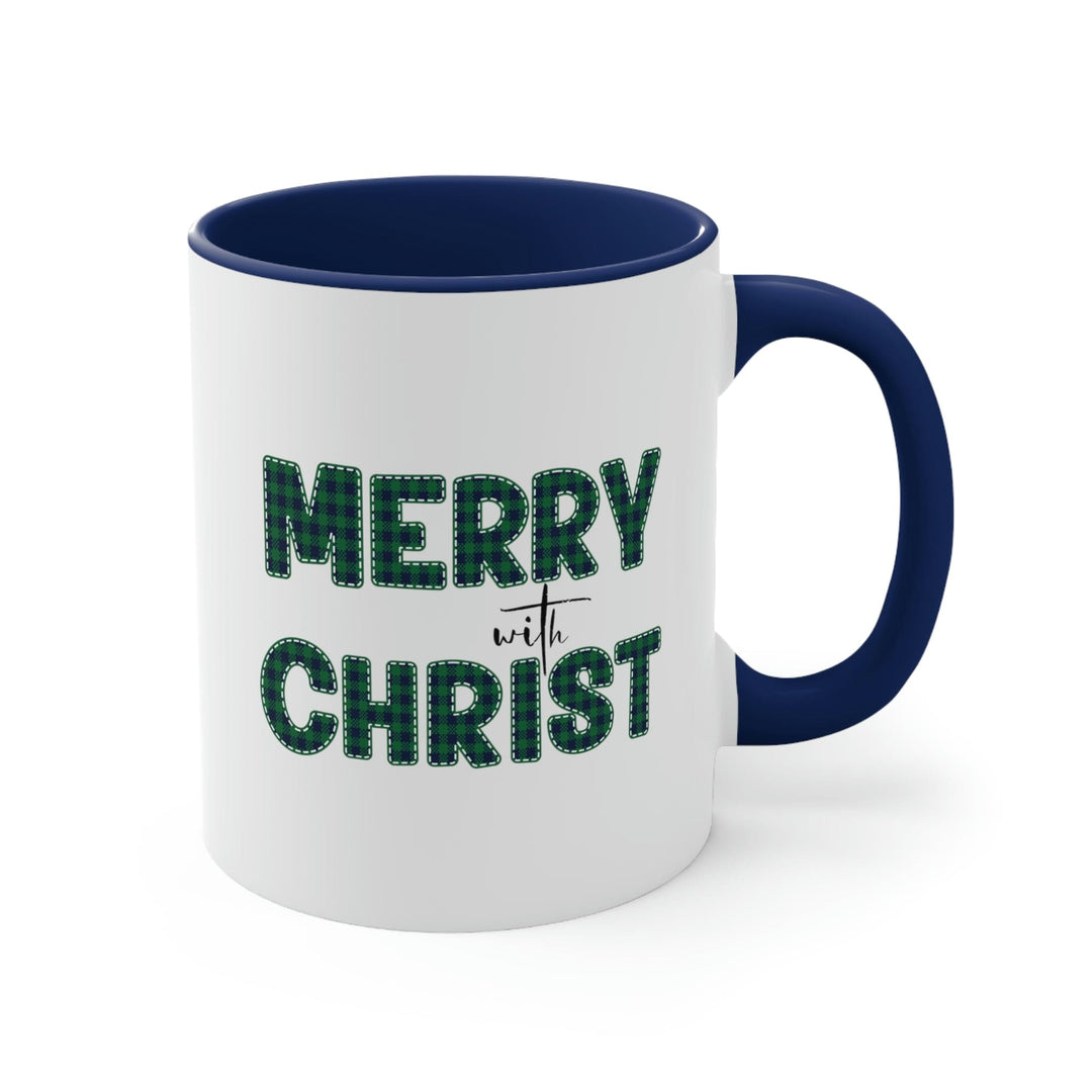 Two-tone Accent Ceramic Mug 11oz Merry with Christ Green Plaid Christmas