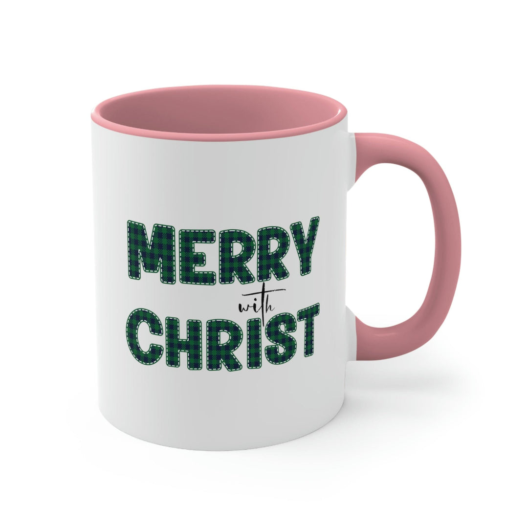 Two-tone Accent Ceramic Mug 11oz Merry with Christ Green Plaid Christmas