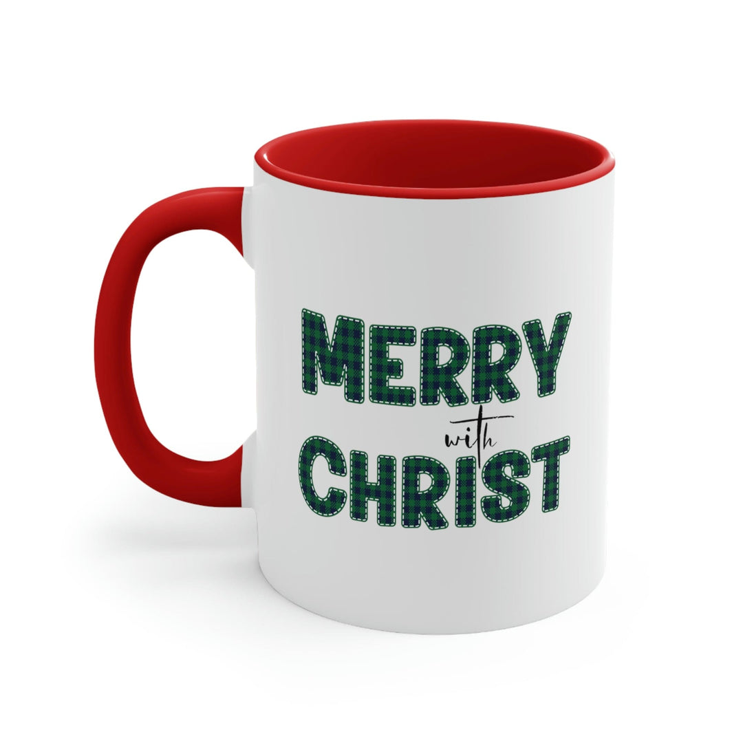 Two-tone Accent Ceramic Mug 11oz Merry with Christ Green Plaid Christmas