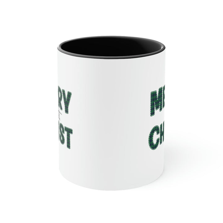 Two-tone Accent Ceramic Mug 11oz Merry with Christ Green Plaid Christmas