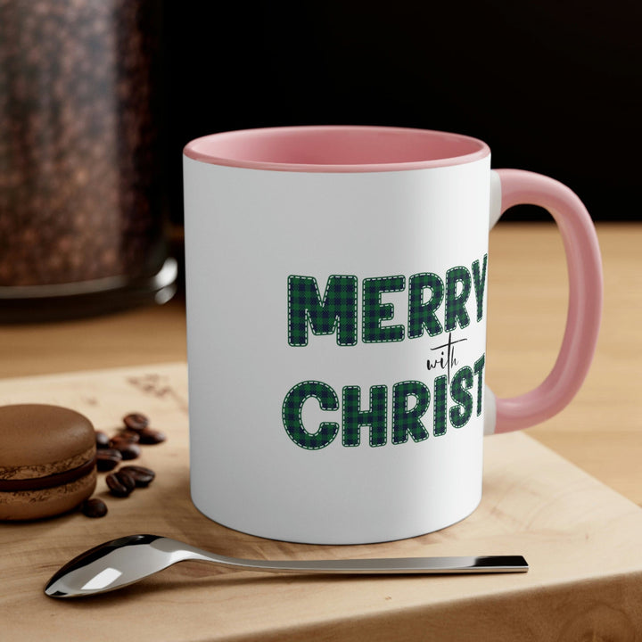 Two-tone Accent Ceramic Mug 11oz Merry with Christ Green Plaid Christmas