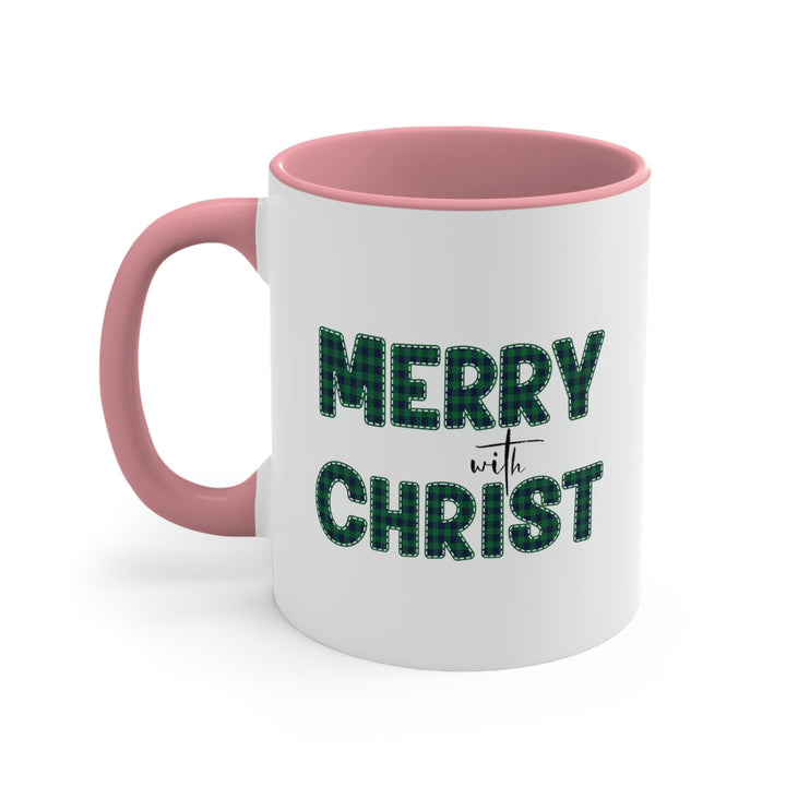 Two-tone Accent Ceramic Mug 11oz Merry with Christ Green Plaid Christmas