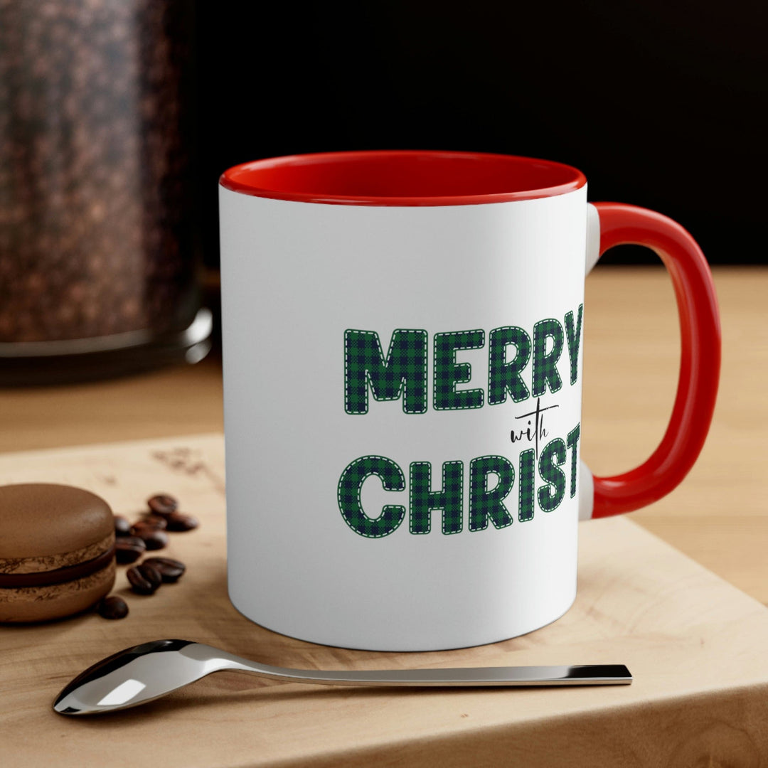 Two-tone Accent Ceramic Mug 11oz Merry with Christ Green Plaid Christmas