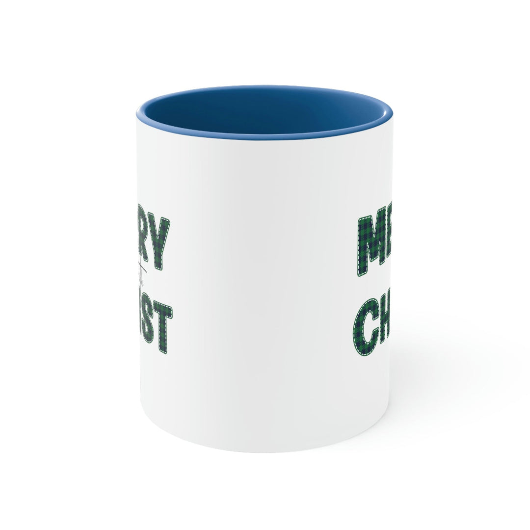 Two-tone Accent Ceramic Mug 11oz Merry with Christ Green Plaid Christmas