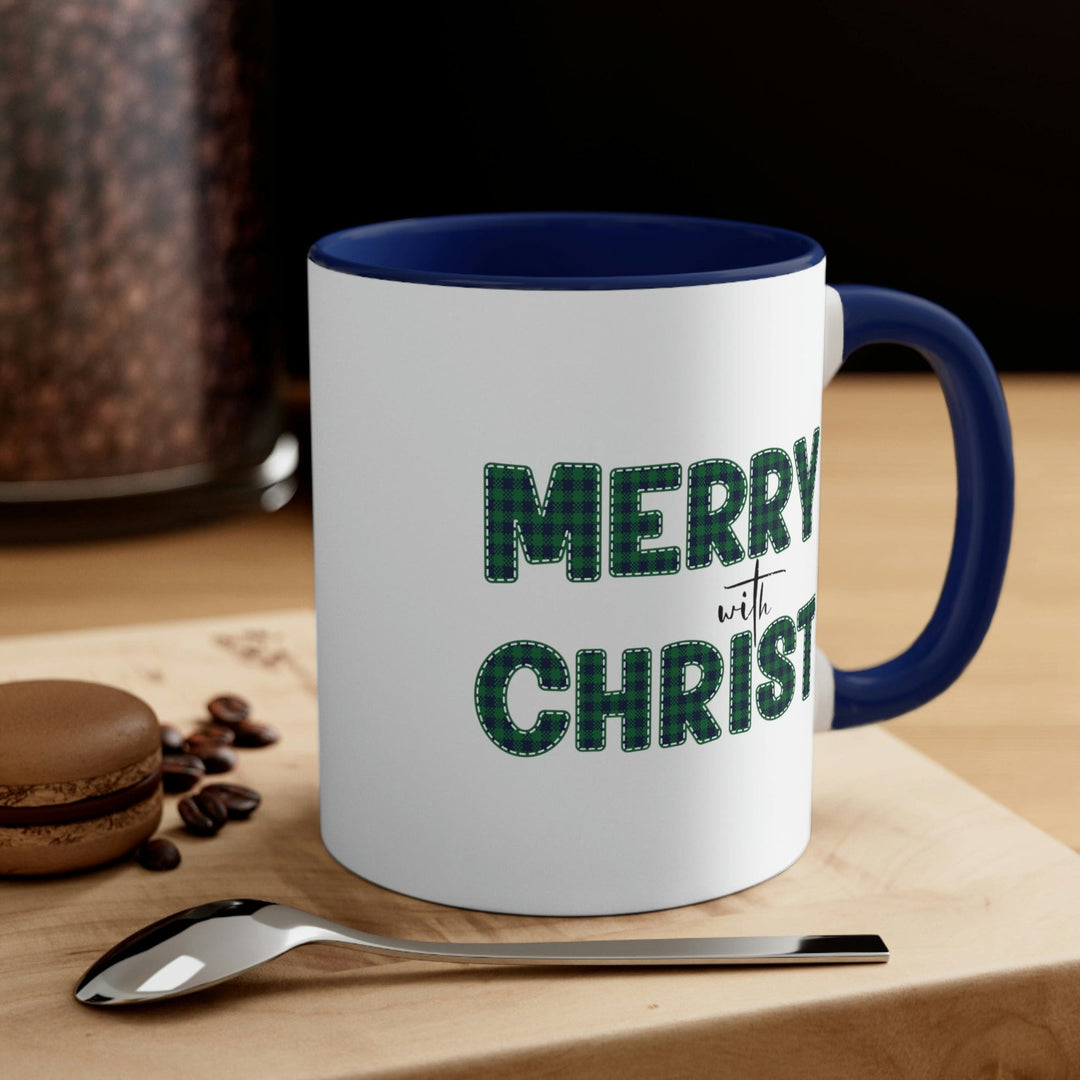 Two-tone Accent Ceramic Mug 11oz Merry with Christ Green Plaid Christmas