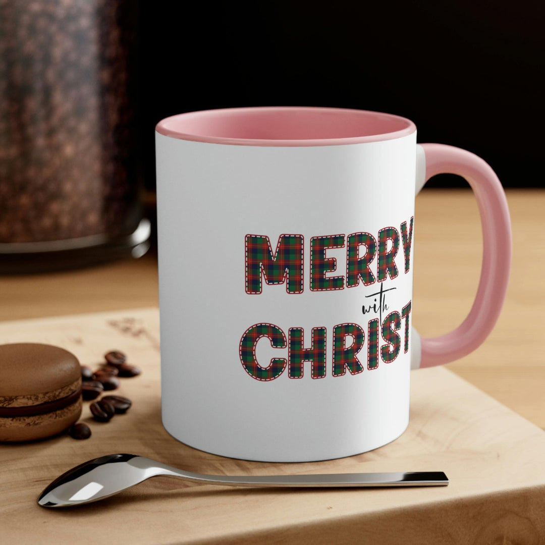 Two-tone Accent Ceramic Mug 11oz Merry with Christ Red and Green Plaid