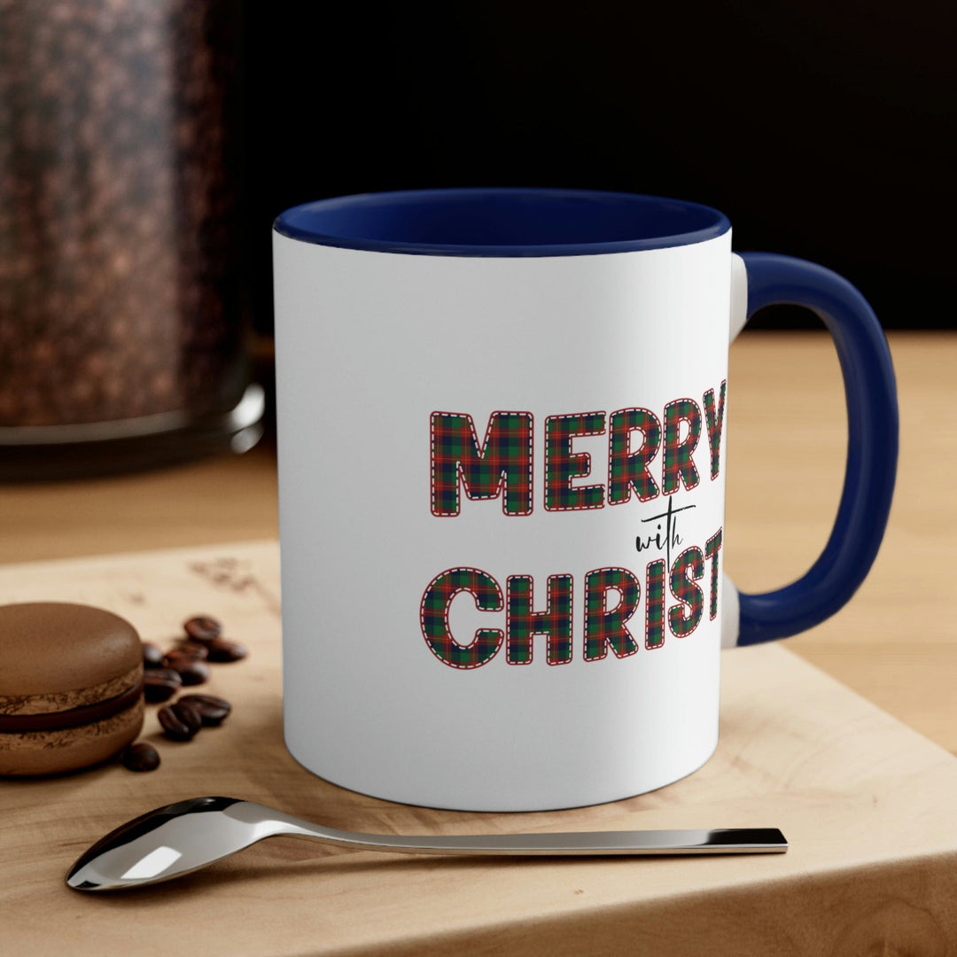 Two-tone Accent Ceramic Mug 11oz Merry with Christ Red and Green Plaid