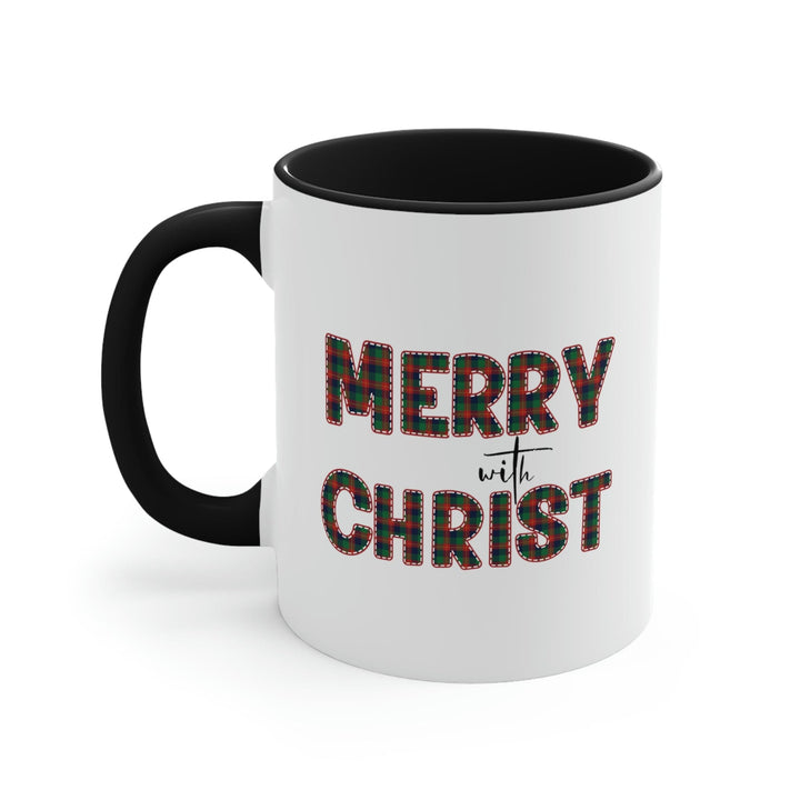 Two-tone Accent Ceramic Mug 11oz Merry with Christ Red and Green Plaid