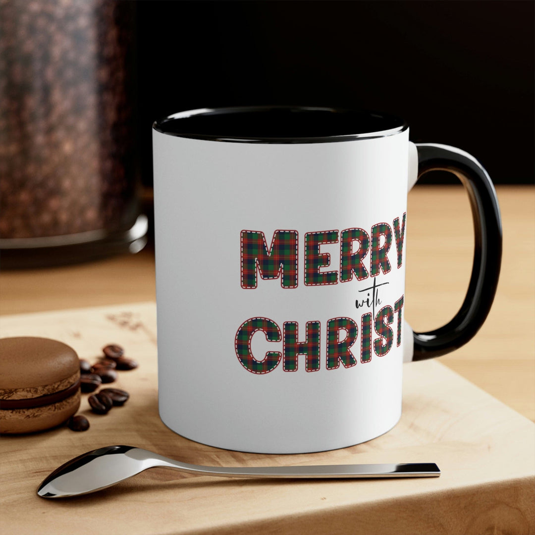 Two-tone Accent Ceramic Mug 11oz Merry with Christ Red and Green Plaid