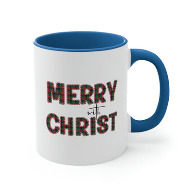 Two-tone Accent Ceramic Mug 11oz Merry With Christ Red And Green Plaid