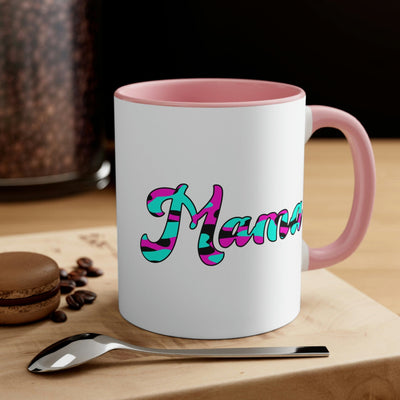 Two-tone Accent Ceramic Mug 11oz Pink White Blue Abstract Mama Illustration