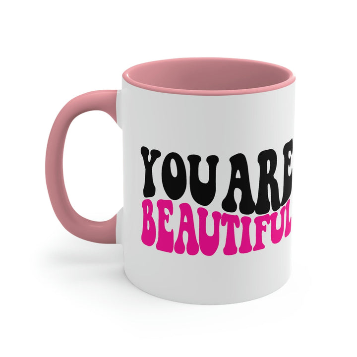 Two-tone Accent Ceramic Mug 11oz you are Beautiful Retro Wavy Pink Black