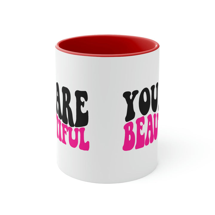 Two-tone Accent Ceramic Mug 11oz you are Beautiful Retro Wavy Pink Black