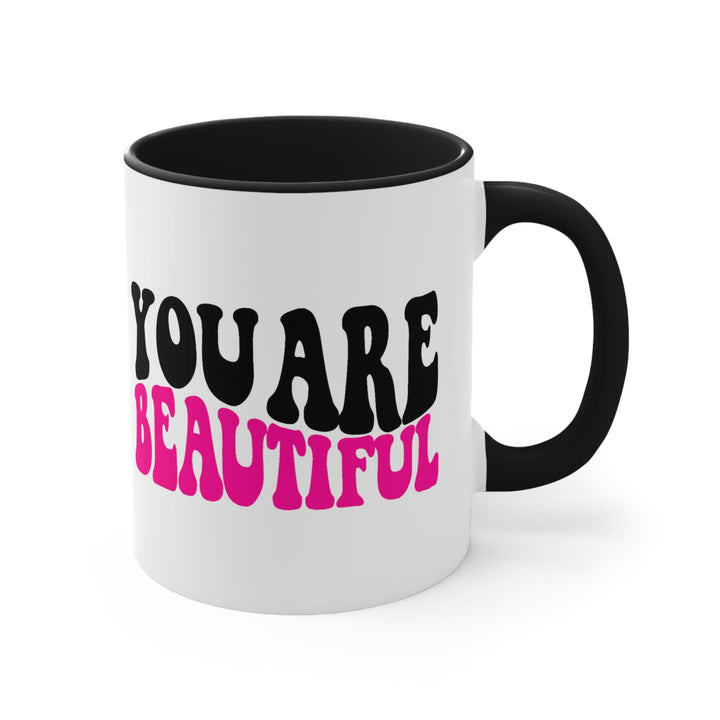 Two-tone Accent Ceramic Mug 11oz you are Beautiful Retro Wavy Pink Black