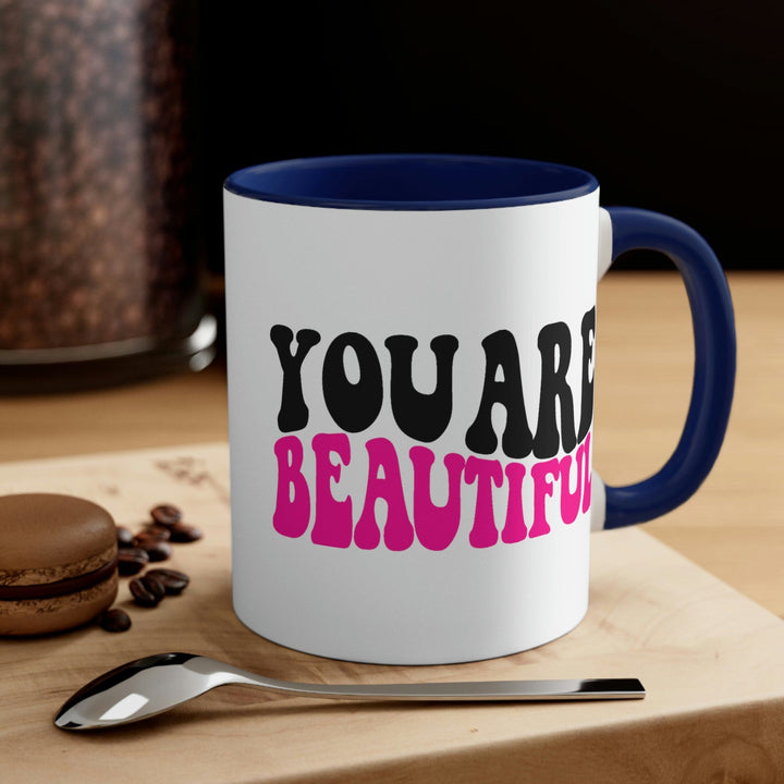 Two-tone Accent Ceramic Mug 11oz you are Beautiful Retro Wavy Pink Black